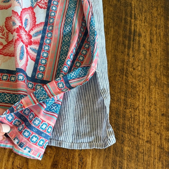 J. Jill | Striped Linen Short Sleeve Button Down Blouse, Floral Back Panel - Picture 7 of 10